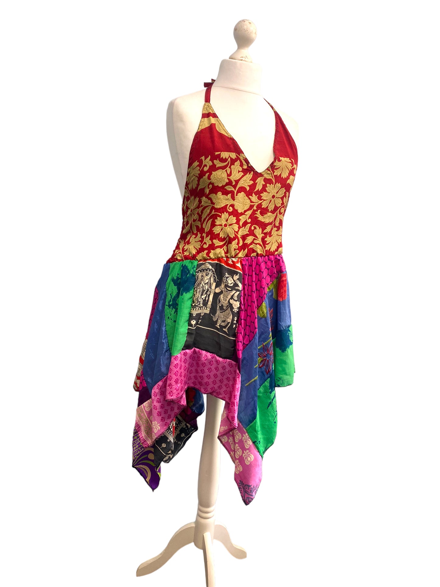 Festival Stall LTD Boho festival Clothing Summer Festival Dress patchwork hanky hem recycled Sari silk hippy pixie UK 8 - 12