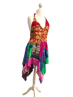 Summer Festival Dress patchwork hanky hem recycled Sari silk hippy pixie UK 8-12