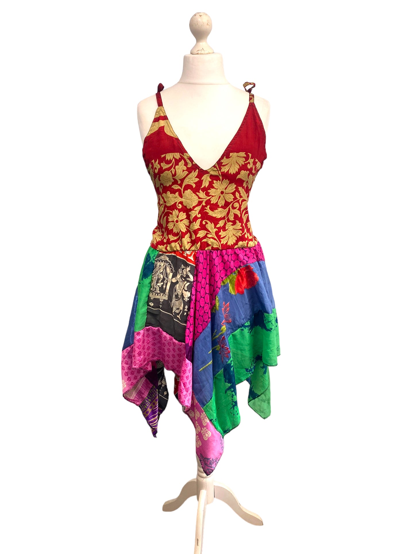 Festival Stall LTD Boho festival Clothing Summer Festival Dress patchwork hanky hem recycled Sari silk hippy pixie UK 8 - 12