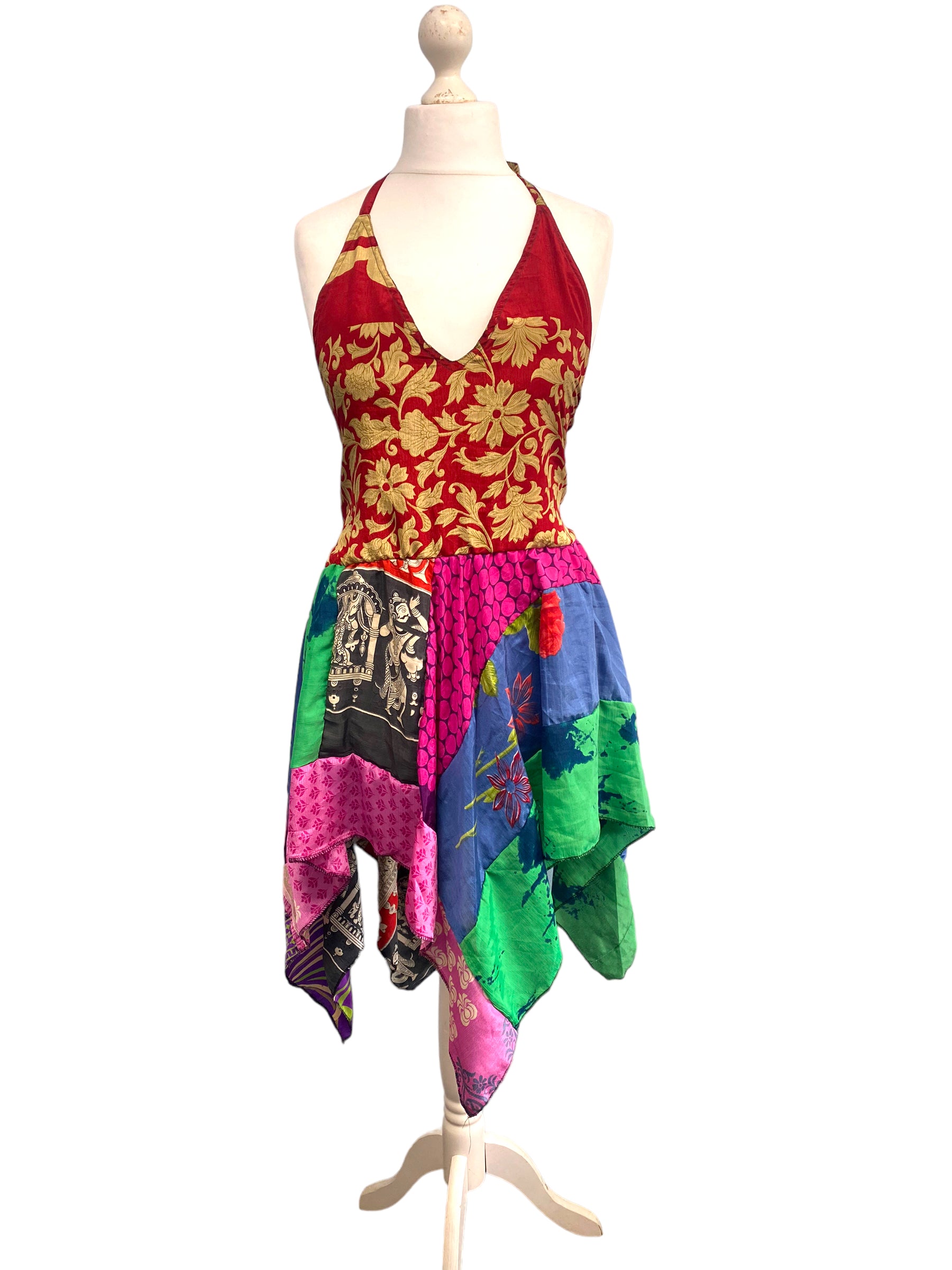 Festival Stall LTD Boho festival Clothing Summer Festival Dress patchwork hanky hem recycled Sari silk hippy pixie UK 8 - 12