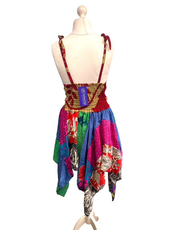 Summer Festival Dress patchwork hanky hem recycled Sari silk hippy pixie UK 8-12