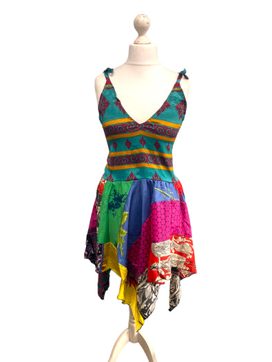 Summer Festival Dress patchwork hanky hem recycled Sari silk hippy pixie UK 8-12