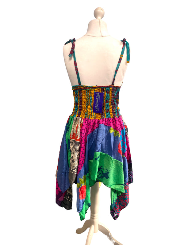 Summer Festival Dress patchwork hanky hem recycled Sari silk hippy pixie UK 8-12