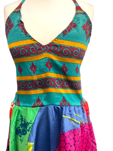 Summer Festival Dress patchwork hanky hem recycled Sari silk hippy pixie UK 8-12