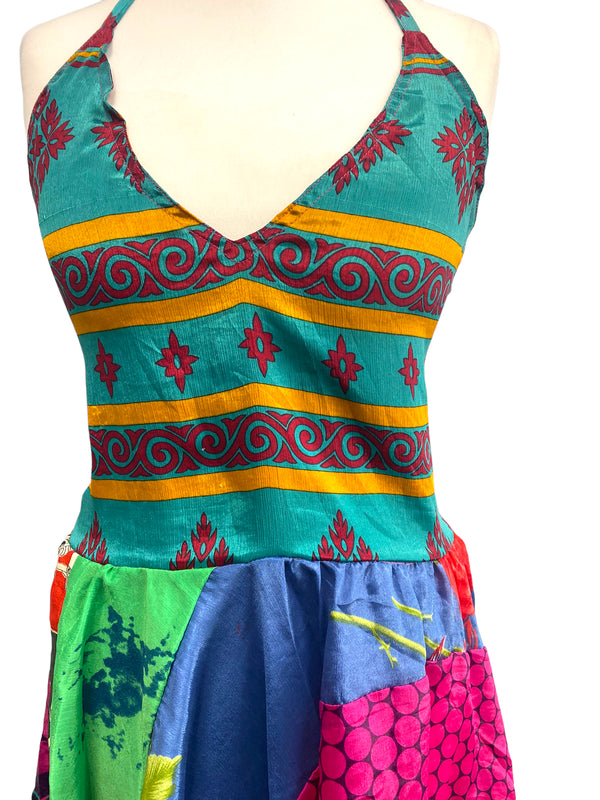 Summer Festival Dress patchwork hanky hem recycled Sari silk hippy pixie UK 8-12