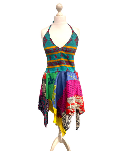 Summer Festival Dress patchwork hanky hem recycled Sari silk hippy pixie UK 8-12