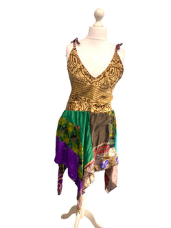 Summer Festival Dress patchwork hanky hem recycled Sari silk hippy pixie UK 8-12