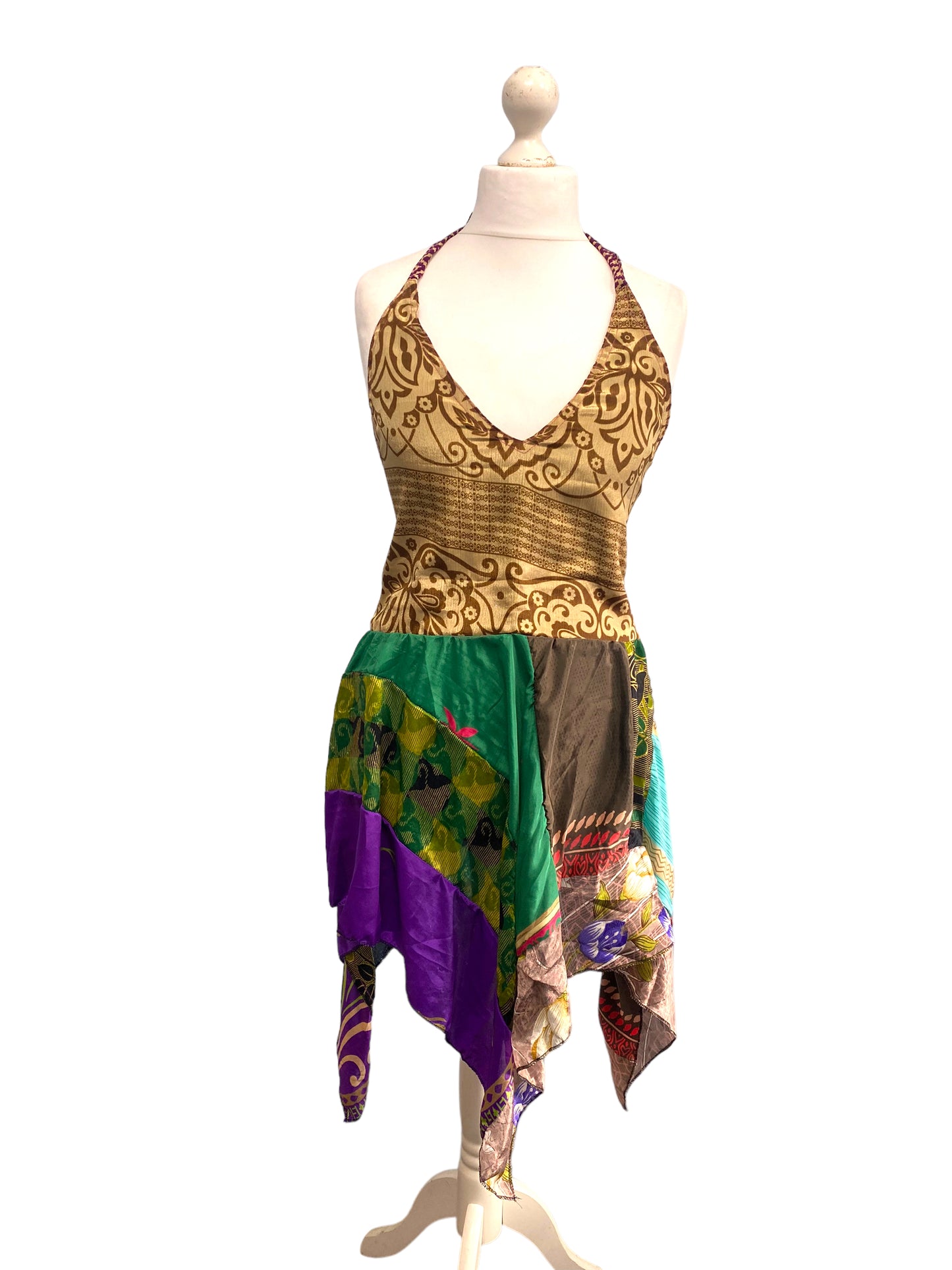 Summer Festival Dress patchwork hanky hem recycled Sari silk hippy pixie UK 8-12