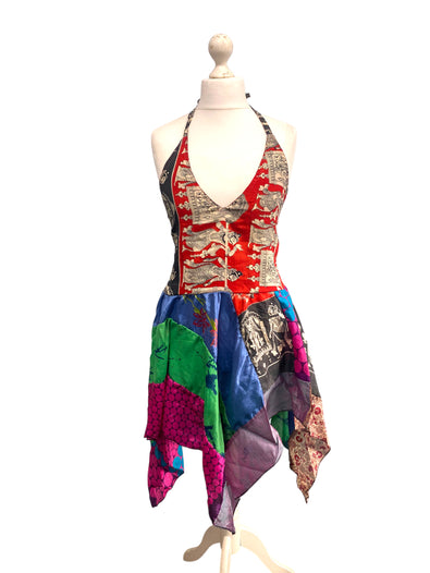 Summer Festival Dress patchwork hanky hem recycled Sari silk hippy pixie UK 8-12