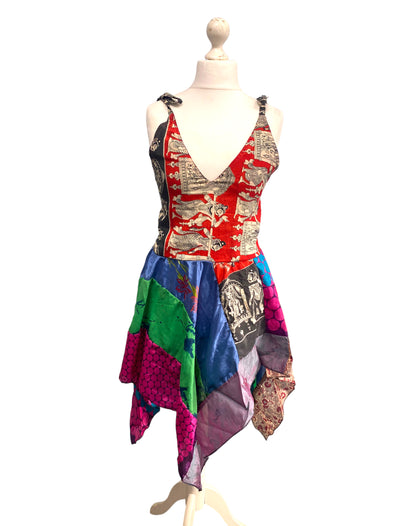 Summer Festival Dress patchwork hanky hem recycled Sari silk hippy pixie UK 8-12