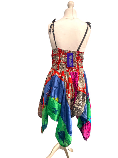 Summer Festival Dress patchwork hanky hem recycled Sari silk hippy pixie UK 8-12