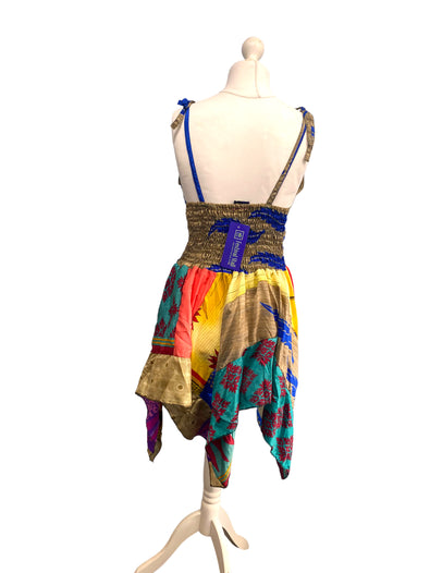 Summer Festival Dress patchwork hanky hem recycled Sari silk hippy pixie UK 8-12