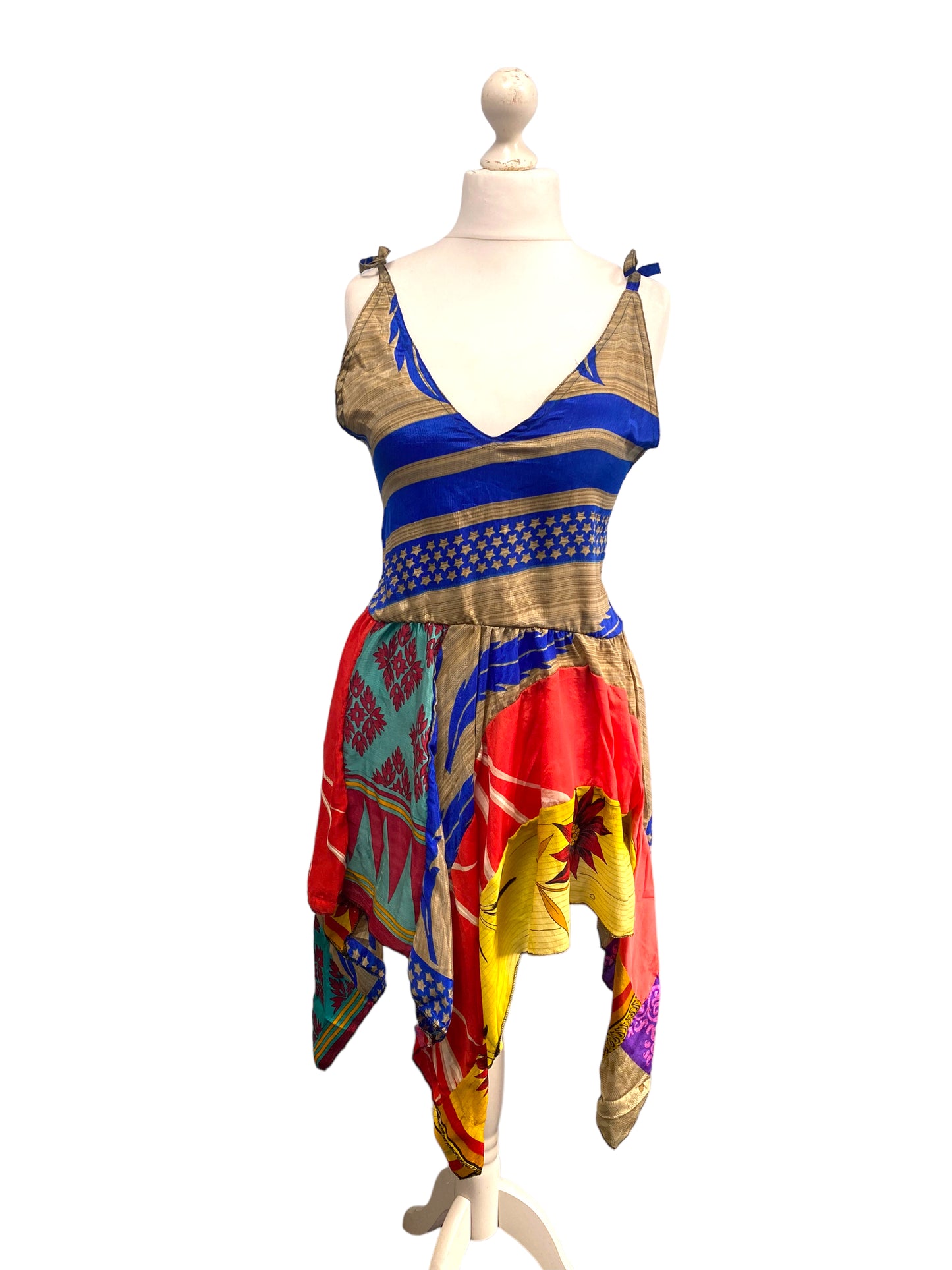 Summer Festival Dress patchwork hanky hem recycled Sari silk hippy pixie UK 8-12