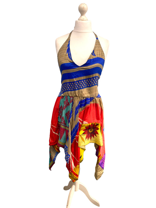 Summer Festival Dress patchwork hanky hem recycled Sari silk hippy pixie UK 8-12