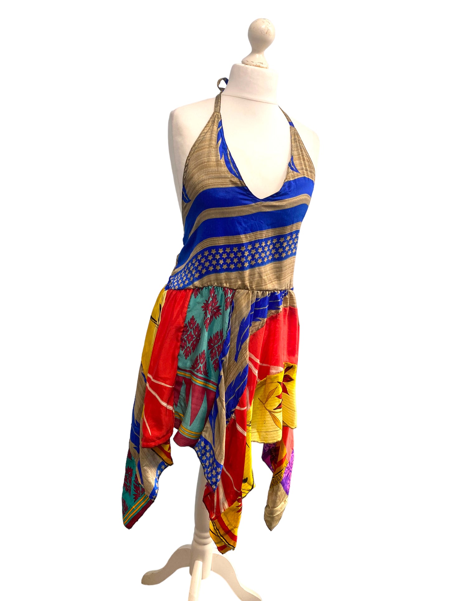 Summer Festival Dress patchwork hanky hem recycled Sari silk hippy pixie UK 8-12