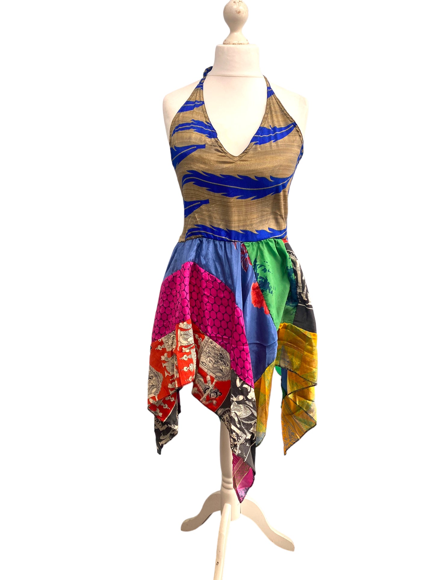 Summer Festival Dress patchwork hanky hem recycled Sari silk hippy pixie UK 8-12