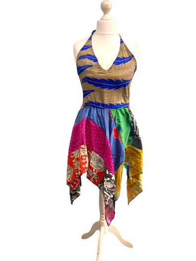 Summer Festival Dress patchwork hanky hem recycled Sari silk hippy pixie UK 8-12