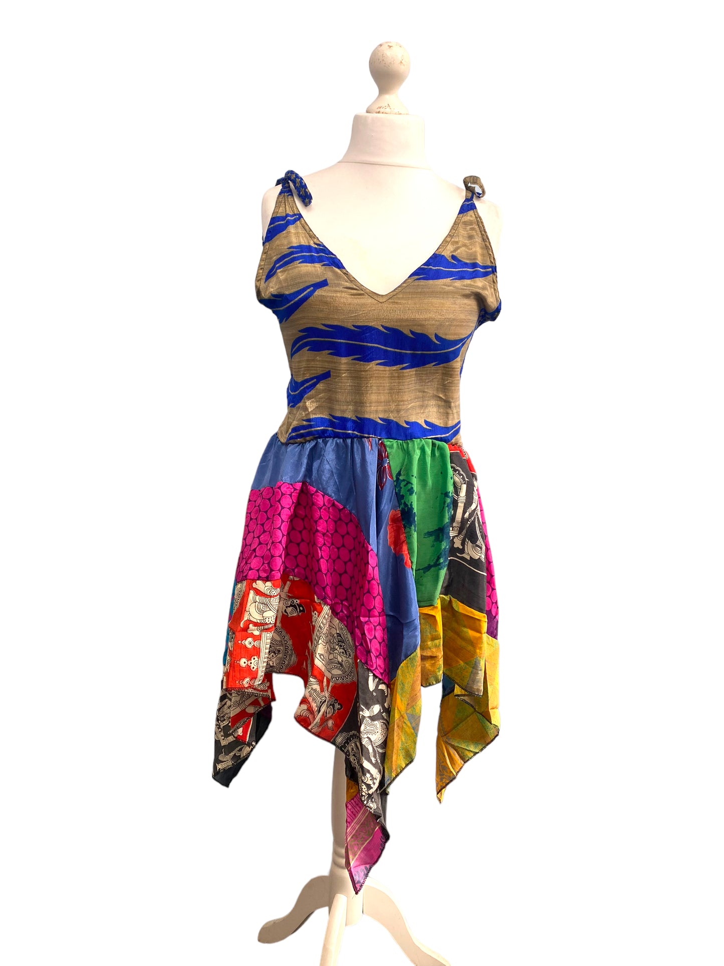 Summer Festival Dress patchwork hanky hem recycled Sari silk hippy pixie UK 8-12