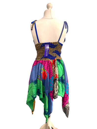 Summer Festival Dress patchwork hanky hem recycled Sari silk hippy pixie UK 8-12