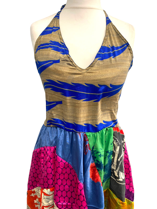 Summer Festival Dress patchwork hanky hem recycled Sari silk hippy pixie UK 8-12