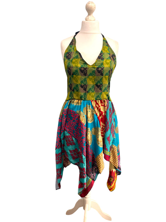 Summer Festival Dress patchwork hanky hem recycled Sari silk hippy pixie UK 8-12