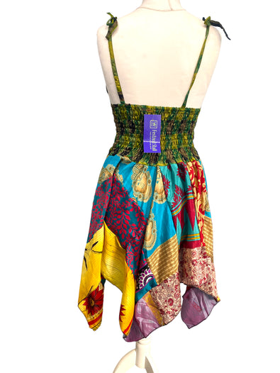 Summer Festival Dress patchwork hanky hem recycled Sari silk hippy pixie UK 8-12