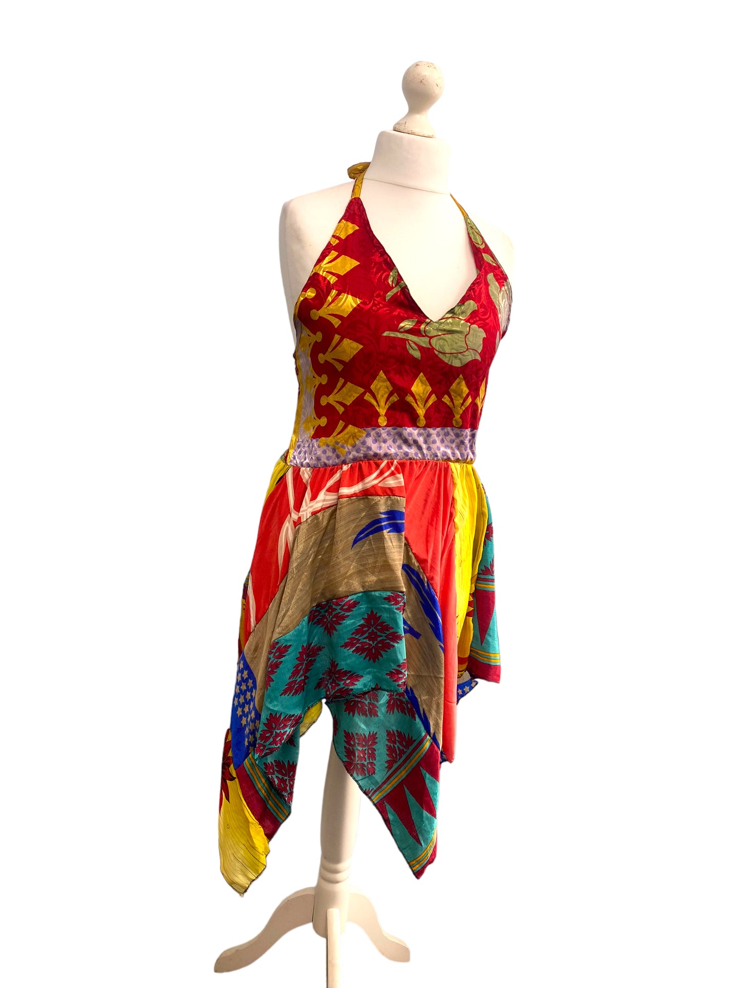 Summer Festival Dress patchwork hanky hem recycled Sari silk hippy pixie UK 8-12