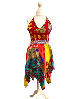 Summer Festival Dress patchwork hanky hem recycled Sari silk hippy pixie UK 8-12