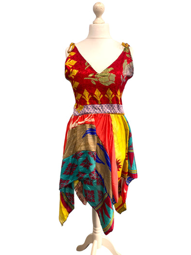 Summer Festival Dress patchwork hanky hem recycled Sari silk hippy pixie UK 8-12