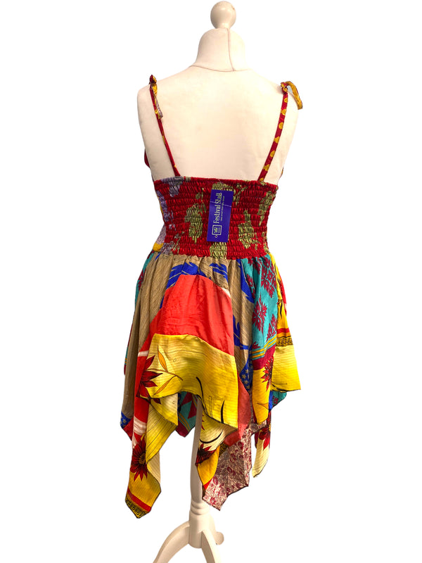 Summer Festival Dress patchwork hanky hem recycled Sari silk hippy pixie UK 8-12