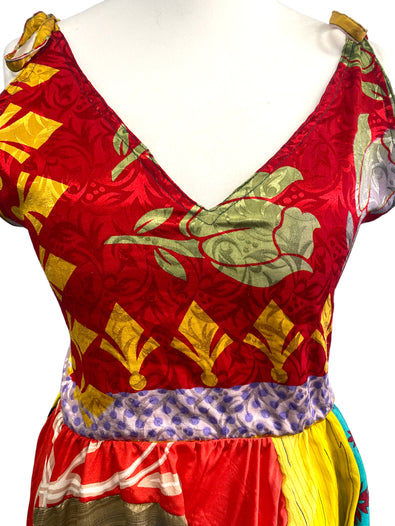 Summer Festival Dress patchwork hanky hem recycled Sari silk hippy pixie UK 8-12