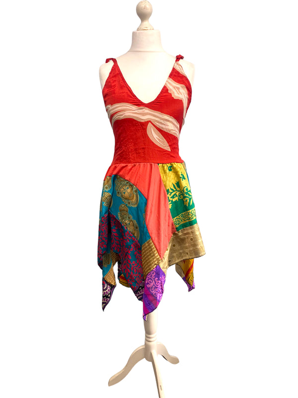 Summer Festival Dress patchwork hanky hem recycled Sari silk hippy pixie UK 8-12