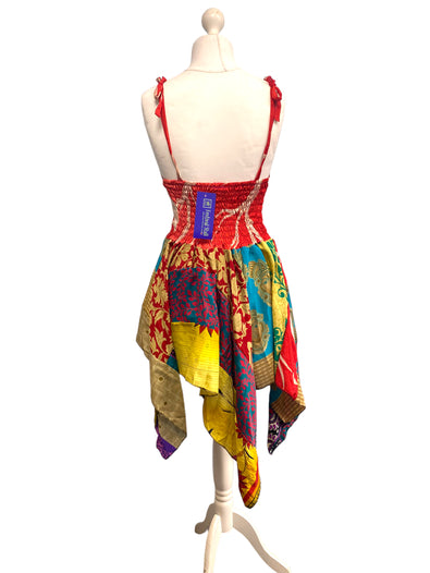 Summer Festival Dress patchwork hanky hem recycled Sari silk hippy pixie UK 8-12