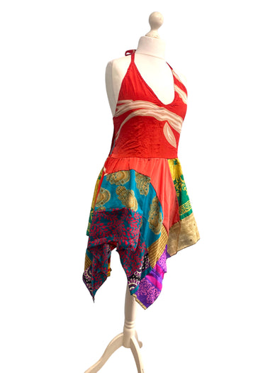 Summer Festival Dress patchwork hanky hem recycled Sari silk hippy pixie UK 8-12