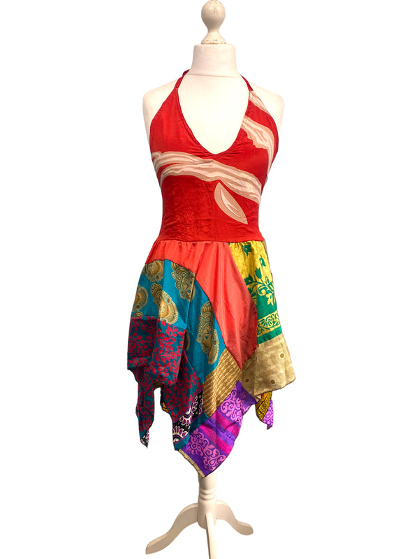 Summer Festival Dress patchwork hanky hem recycled Sari silk hippy pixie UK 8-12