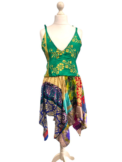 Summer Festival Dress patchwork hanky hem recycled Sari silk hippy pixie UK 8-12