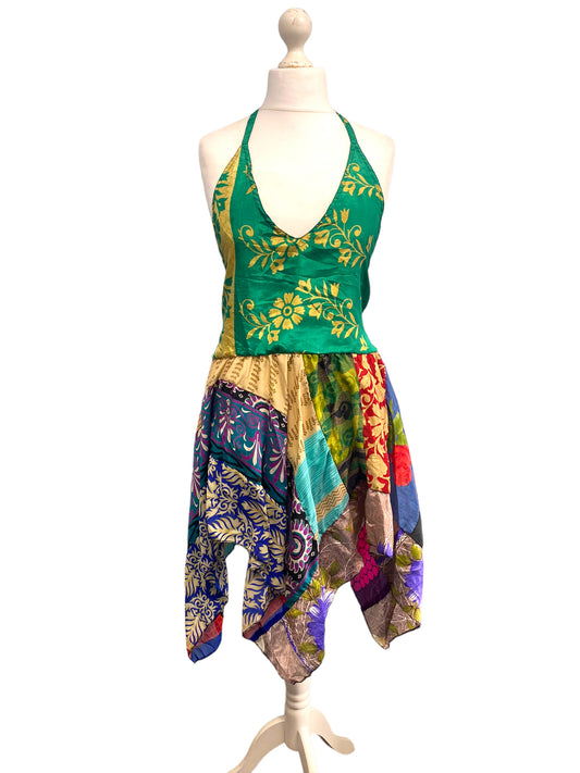 Summer Festival Dress patchwork hanky hem recycled Sari silk hippy pixie UK 8-12