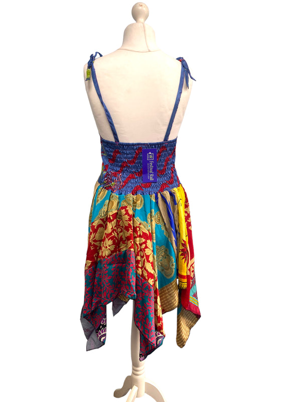 Summer Festival Dress patchwork hanky hem recycled Sari silk hippy pixie UK 8-12