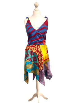 Summer Festival Dress patchwork hanky hem recycled Sari silk hippy pixie UK 8-12