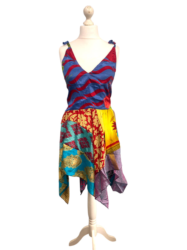 Summer Festival Dress patchwork hanky hem recycled Sari silk hippy pixie UK 8-12