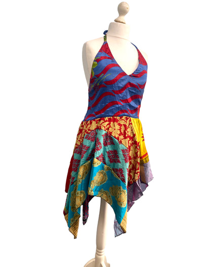 Summer Festival Dress patchwork hanky hem recycled Sari silk hippy pixie UK 8-12