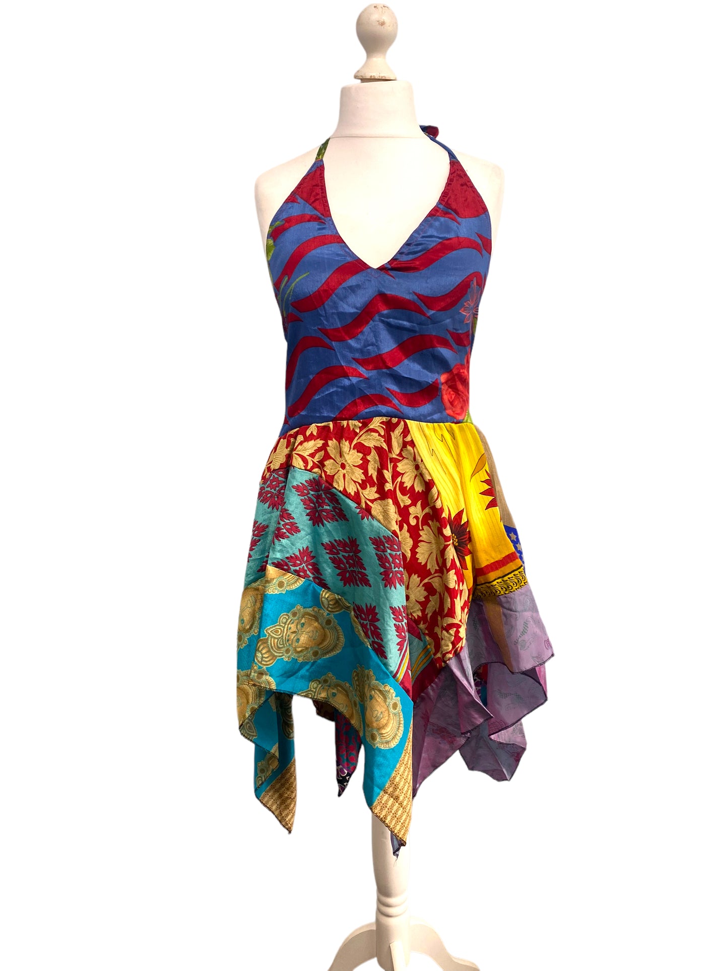 Summer Festival Dress patchwork hanky hem recycled Sari silk hippy pixie UK 8-12