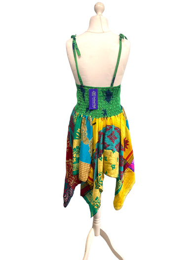 Summer Festival Dress patchwork hanky hem recycled Sari silk hippy pixie UK 8-12