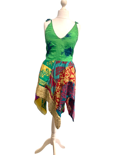 Summer Festival Dress patchwork hanky hem recycled Sari silk hippy pixie UK 8-12