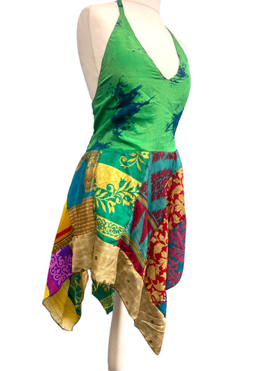 Summer Festival Dress patchwork hanky hem recycled Sari silk hippy pixie UK 8-12