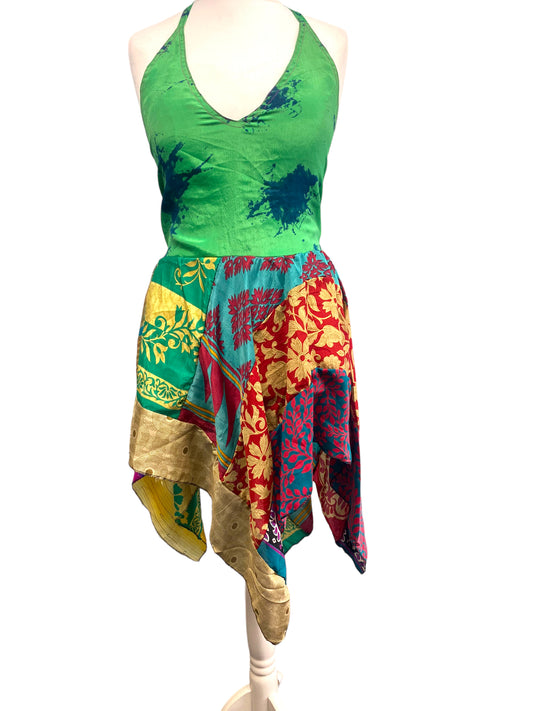 Summer Festival Dress patchwork hanky hem recycled Sari silk hippy pixie UK 8-12