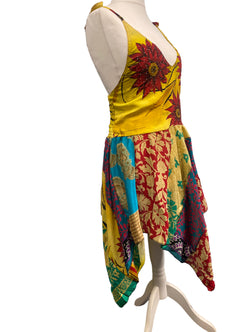 Summer Festival Dress patchwork hanky hem recycled Sari silk hippy pixie UK 8-12