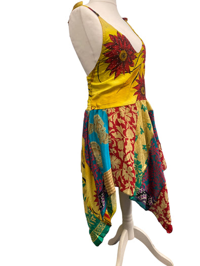 Summer Festival Dress patchwork hanky hem recycled Sari silk hippy pixie UK 8-12