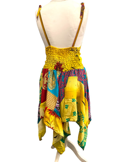 Summer Festival Dress patchwork hanky hem recycled Sari silk hippy pixie UK 8-12