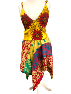 Summer Festival Dress patchwork hanky hem recycled Sari silk hippy pixie UK 8-12